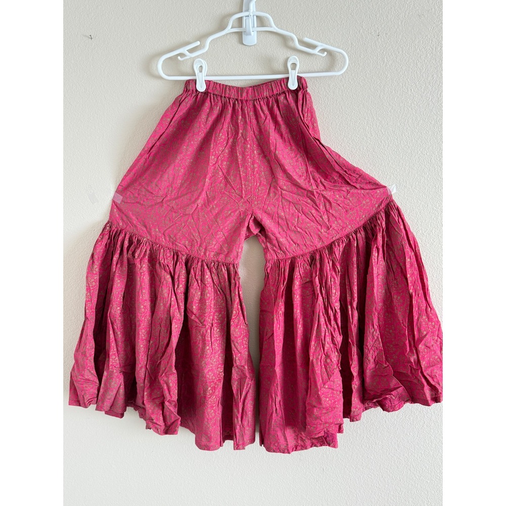 Minnie Minors Pink Gold Floral Sharara Pants Wide Leg Ruffle Tiered Girls 9/10